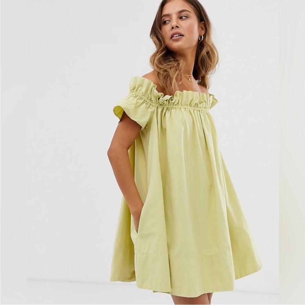 Free People Ruffled Off-Shoulder Mini Dress in Soft Yellow